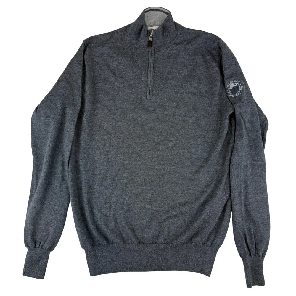 Peter Millar Sweater Mens Medium Gray Merino Silk 1/4 Zip Green Bay Country Club